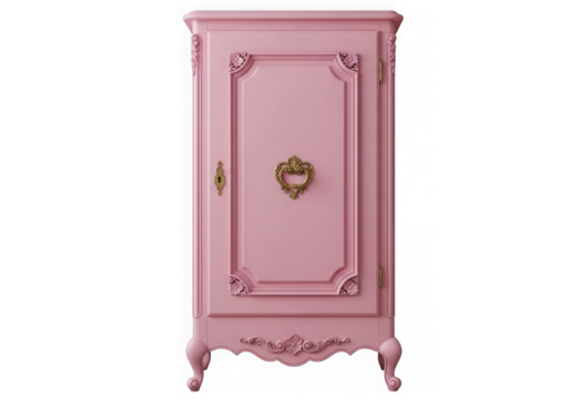Beautifully crafted pink vintage cabinet ornate details, a golden handle, elegant legs, isolated on transparent background
