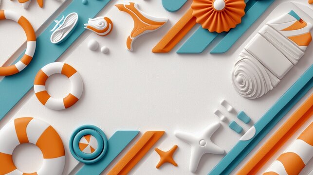 A collection of summer-themed objects including life preservers, starfish, and other decorative elements arranged on a white background. - Powered by Adobe