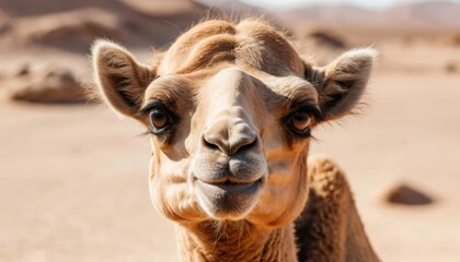 Obraz premium Curious camel gazes at the camera in a desert landscape under bright sunlight Generative AI
