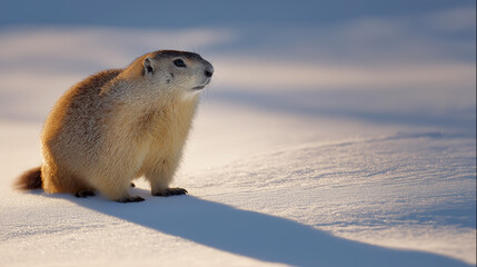 A groundhog sits alertly in the snow casting a long shadow