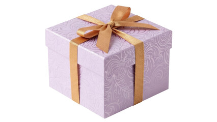 Isolated lavender gift box with golden ribbon and bow, present for holidays, surprise