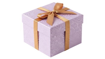 Isolated lavender gift box with golden ribbon and bow, present for holidays, surprise