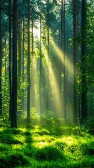 Fototapeta premium A beautiful forest scene with tall trees, lush green grass, and beams of sunlight shining through the canopy, creating a peaceful and vibrant atmosphere.