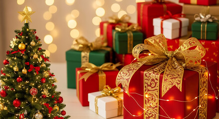 Merry christmas and happy new year. Santa claus prepared lots of presents. Xmas shopping time. Holiday sale and discount. Home full of gift. Decorate your life. Christmas composition.
