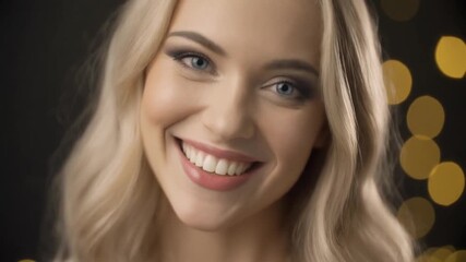 A beautiful woman with long, wavy blonde hair smiles with delight and happiness. She is holding a champagne glass - Powered by Adobe