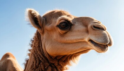 Obraz premium Close-up of a curious camel in a bright, open desert environment Generative AI