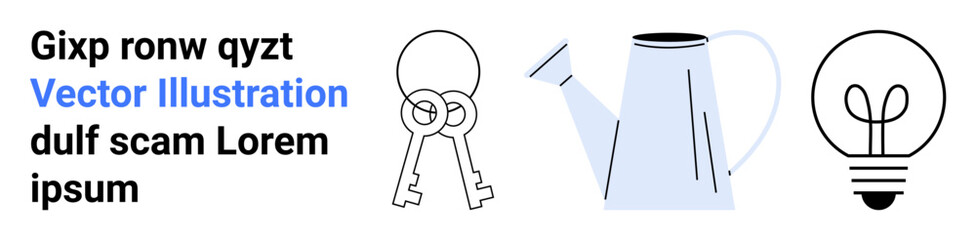 Home organization, energy concepts, gardening design, security , creative inspiration, design template. keys, watering can and light bulb with editable text placeholder. Home organization and energy