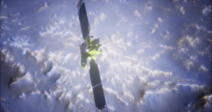 A global servyor operates in orbit, sending high resolution imagery of the planetary surface. The spacecraft is positioned strategically to gather essential data for scientific research.