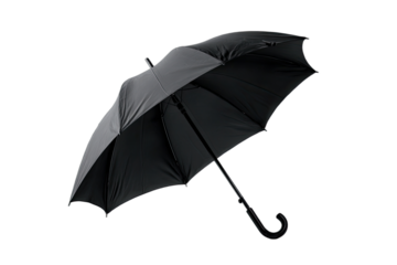Single black open umbrella, angled view, isolated against a dark background