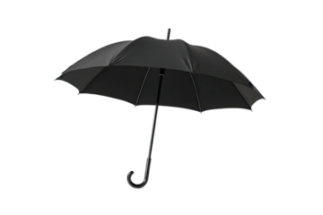 Opened plain black umbrella with a curved handle, isolated against a dark background