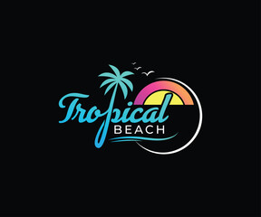 Vibrant neon tropical beach sign with palm tree and sunset