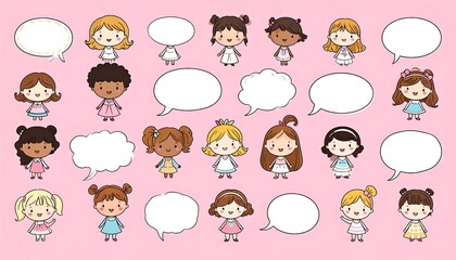 Diverse array of hand-drawn cute girls wearing dresses with speech bubbles on a solid pink background