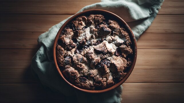 An overhead of chocolate cobbler in a round baking dish, dark wood table, soft natural lighting
