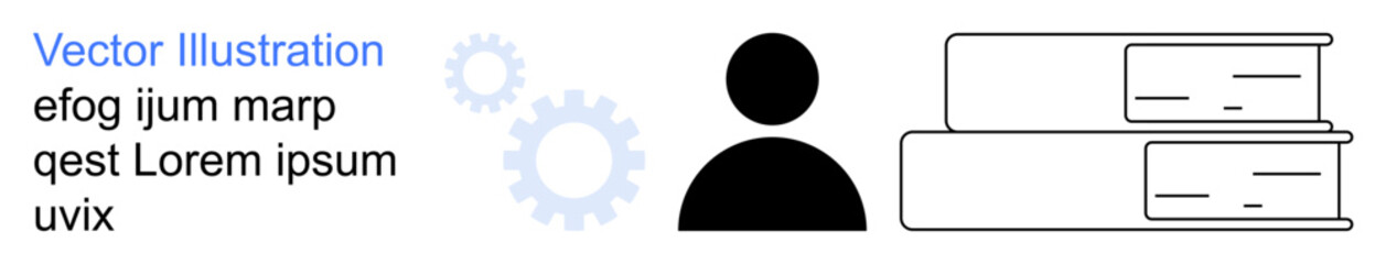 Education, business workflow, information management, knowledge sharing, training, productivity tools. Person icon beside books and mechanical gears. Education and business workflow concept