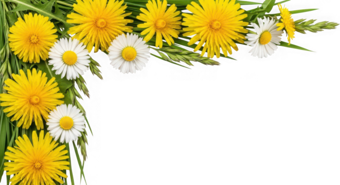 Bright yellow dandelions white daisies green grass border, isolated on transparent background