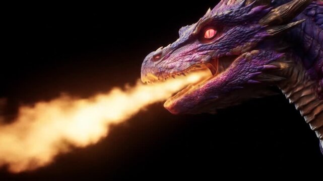 A close-up view of a dragon's head breathing fire against a black backdrop, showcasing intricate textures. The scene exudes intensity