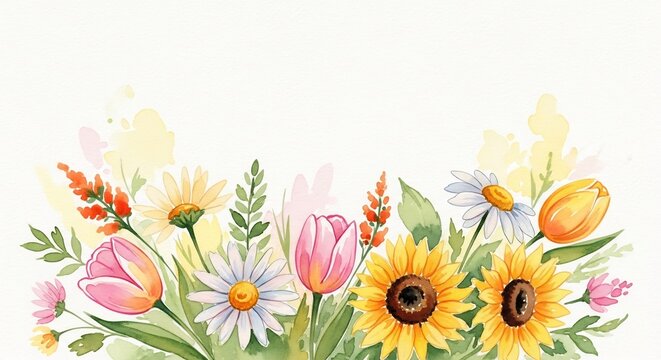 Watercolor floral arrangement with sunflowers tulips and daisies