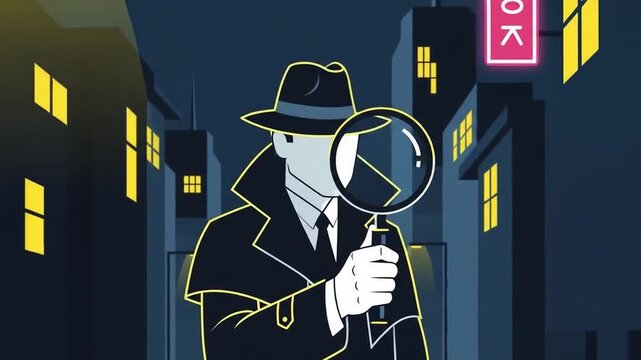 Cartoon animation of a detective with magnifying glass in city street at night