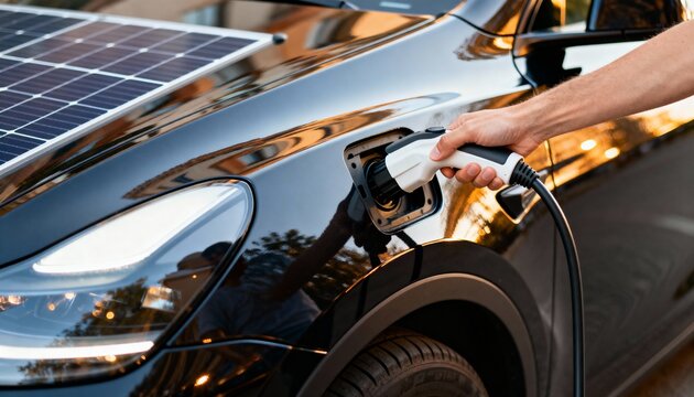 A person plugs an electric vehicle into a charging station. The car has a solar panel on the roof. The scene emphasizes sustainable energy and modern technology.