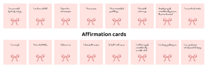 Pink affirmation cards with bows, minimalist positive quotes, aesthetic motivational card set