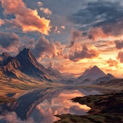 Fototapeta premium Epic Sunset Over Remote Mountain Landscape Reflected in Serene Alpine Lake