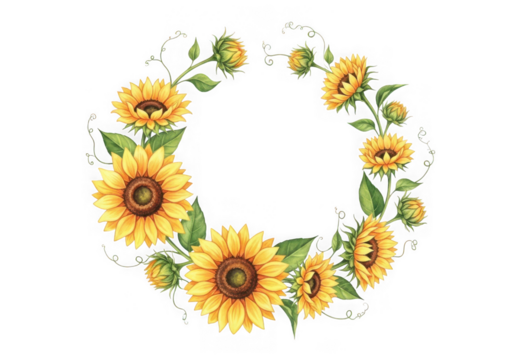 Watercolor sunflower wreath vibrant yellow blooms green leaves, perfect for summer designs, isolated on white isolated on transparent background