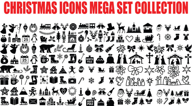 christmas icons mega set providing numerous seasonal elements suitable for cards, crafts, digital artwork, and versatile holiday creative projects throughout winter.