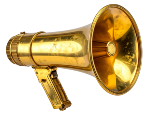 Metallic gold megaphone with a handle, isolated on black