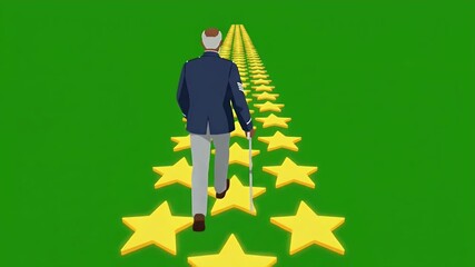 Senior Man Walking Along Row Of Gold Stars Path.