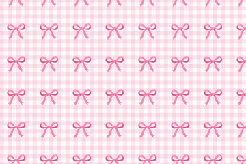 Pink bow gingham pattern, cute seamless ribbon design, pastel check background, swatch available in swatches panel