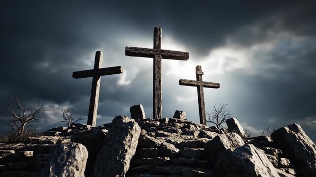 Three crosses atop rocky hill under dramatic sky, spiritual journey of faith and hope,
