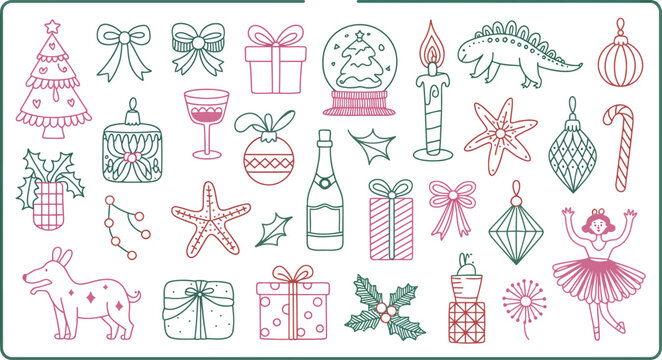 hand-drawn Christmas doodles with gifts, ornaments, and a ballerina sketched in a playful style ideal for holiday cards, craft projects, and festive creative layouts.