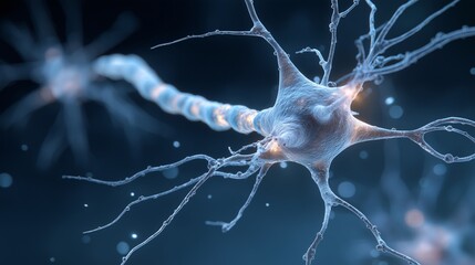Neuroscience macro visualization, neural network structure, medical research illustration, brain activity concept, scientific analysis, biotechnology imagery. Detailed neuron cell with branching axons