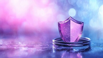 A glowing shield icon on a ring, set against a blurred background with purple and blue hues, symbolizing protection and security.