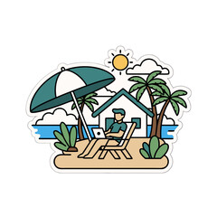 Obraz premium Man working remotely on a laptop on a tropical beach vacation sitting in a beach chair under an umbrella near palm trees and a small house with the sun shining and ocean in the background