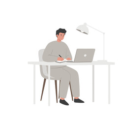 Flat Design Illustration of a Focused Man Working on a Laptop at a White Desk with a Desk Lamp and Motivational Wall Art in a Minimalist Office Setting