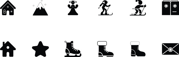 Naklejka premium festive winter icons illustrated in a clean and friendly style, offering snowflakes, hats, gifts, and cozy seasonal elements perfect for greeting cards and digital designs.