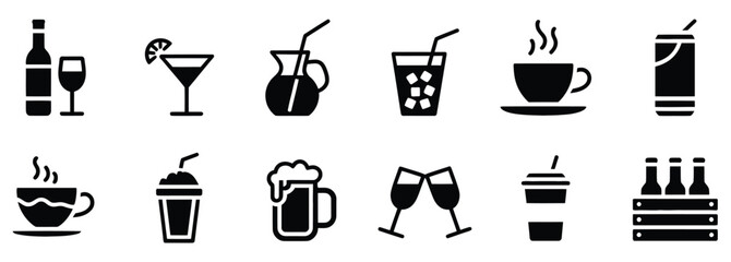 A delightful collection of drink icons for bar menus and restaurant promotions, featuring refreshing cocktails, steamy coffee, frothy beer, and fresh juice in a minimalist style