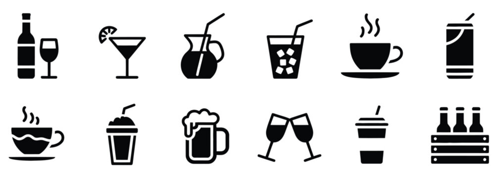 A delightful collection of drink icons for bar menus and restaurant promotions, featuring refreshing cocktails, steamy coffee, frothy beer, and fresh juice in a minimalist style