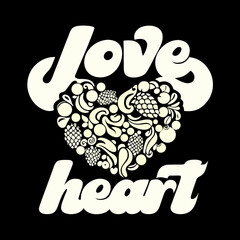 Creamy white love heart graphic with fruit and floral elements