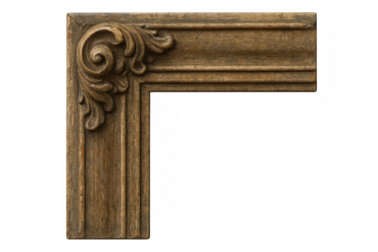 Decorative antique wooden frame corner featuring intricate carved victorian and baroque style scrollwork border element - Powered by Adobe