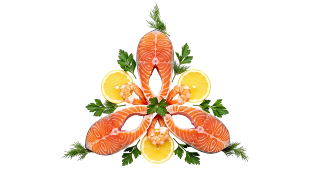 Fresh raw salmon steaks with shrimps and lemon halvesarranged artistically isolated on transparent background