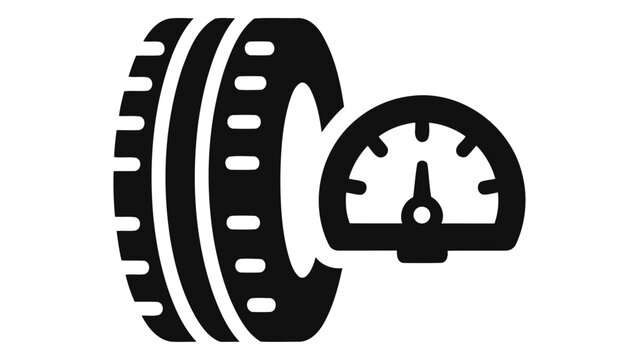 Black and white icon representing a tire and a gauge symbolizing tire pressure monitoring system for vehicles and their