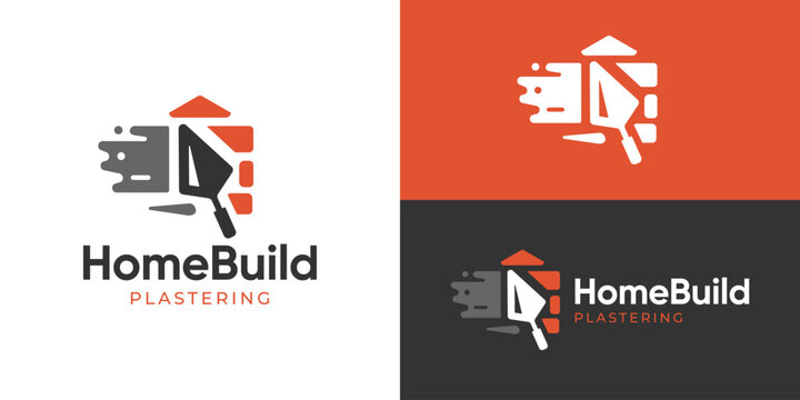 Creative simple home build logo template. Trowel with layers brick, Plastering logo design vector illustration.