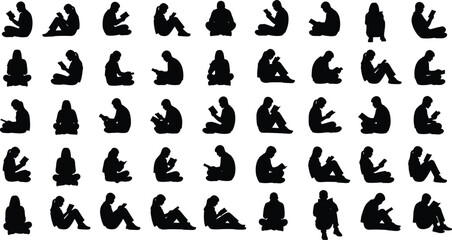 Collection of black silhouettes of people reading books in various seated positions