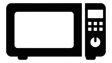 Simple black and white icon illustration of a modern microwave oven with a digital display and control panel on a white