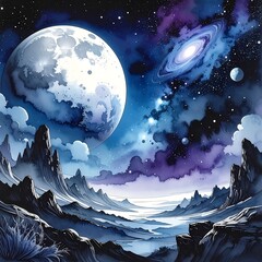 Dreamscape with large moon and galaxy overlooking mountains, painted in watercolor hues of blue, purple and white