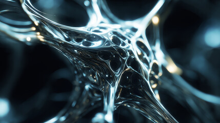 Biomorphic abstract chrome structure with glowing organic membrane,Translucent oily highlights