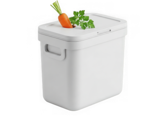 White kitchen compost bin a fresh carrot parsley sprig for organic waste, isolated on transparent background