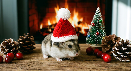 Cute Hamster Wearing Santa Hat by Christmas Fireplace with Pine Cones and Festive Decorations